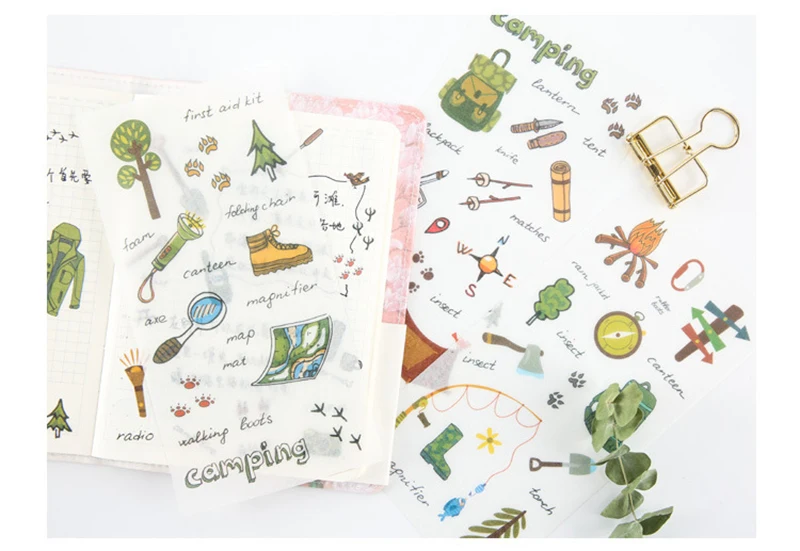 6 листов/мешок бумажные наклейки для кемпинга оборудование Васи Stickey Decoracion Скрапбукинг DIY офисные канцелярские школьные принадлежности