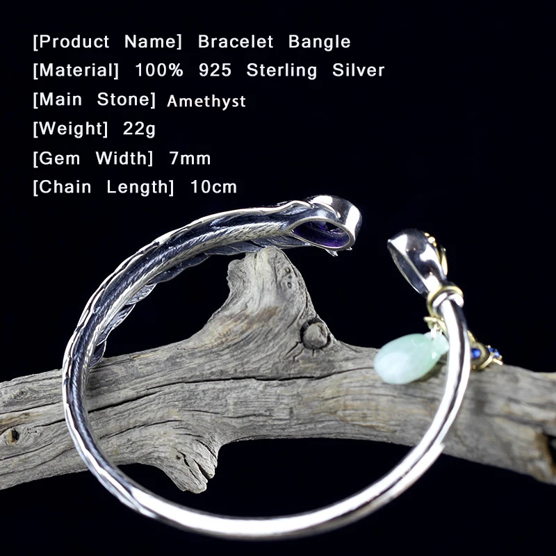 Капля воды Аметист Винтаж перо тонкая птица натуральный камень кристалл кисточкой нефрит браслет для женщин тайский серебряный Открытый браслет