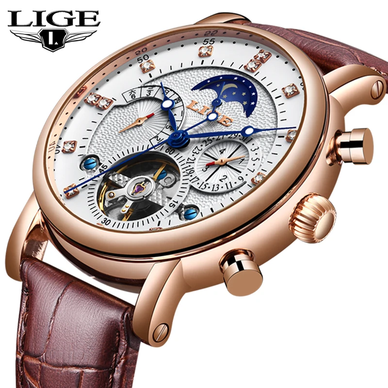 ييج رجل الساعات توربيون الأزياء الرياضة التلقائي ووتش جلدية القمر المرحلة الميكانيكية للماء ووتش Relogio Masculino + مربع