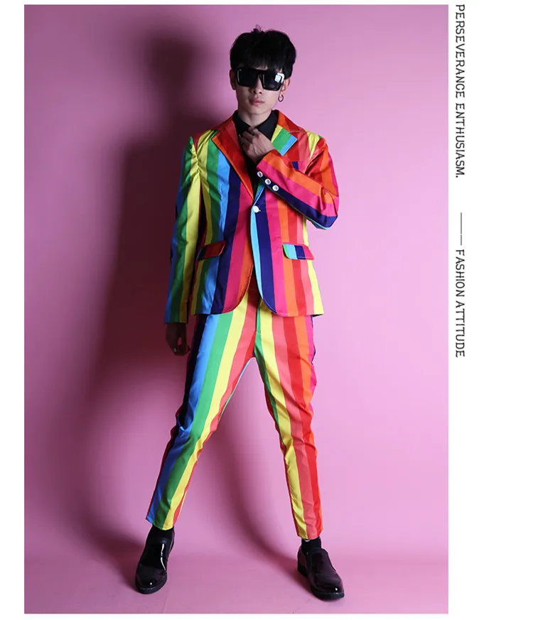 Неравномерность красочные полосы Для мужчин костюм модные тонкие Пиджаки брюки комплект прилив певец танцор хоста для ночного клуба