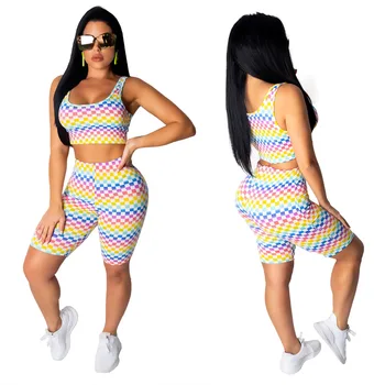 

2019 new us style summer tracksuit women crop top with shorts 2 piece set casual sleeveless sportswear matching set