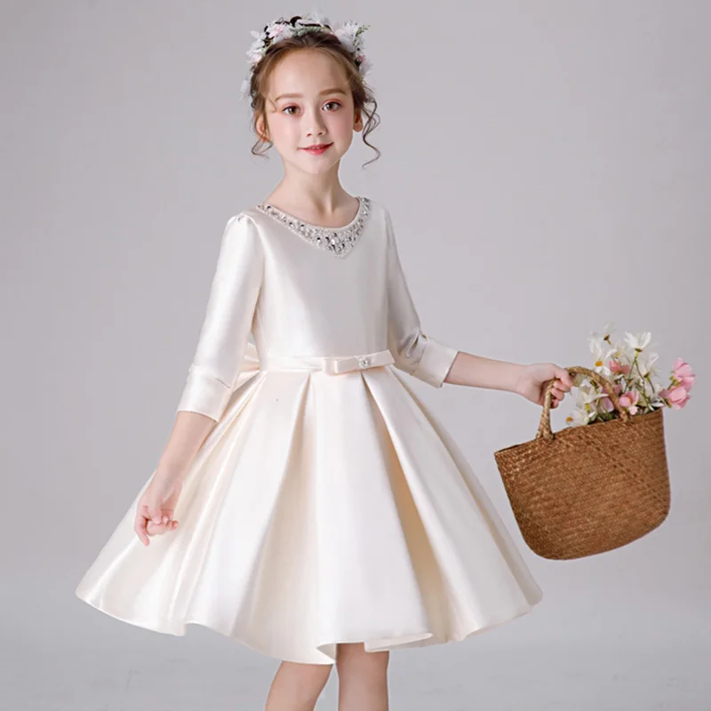 

Beading Vintage Flower Girl Dresses for Wedding Long Sleeve Satin Evening Party Gowns Big Bow-knot Kids Formal Dress B474