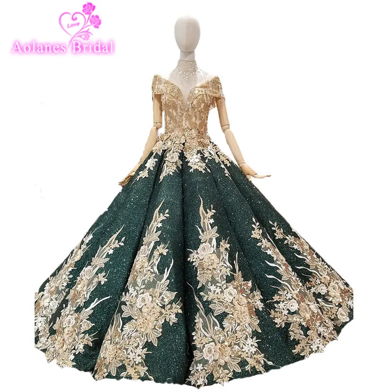 2018 Gold Lace Green Sequin V neck Vintage Evening Dresses Waves Ball ...