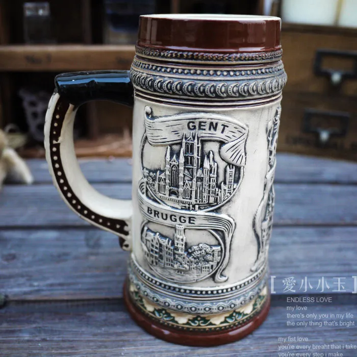

2016 New Arrival Ceramic German Beer Mug Belgium Hand Painted Mugs Embossed Pattern Coffee Cup Home Bar Decoration 10*20cm