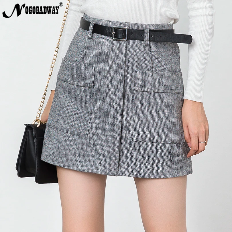 

High Waist A-Line Mini Skirt Women Autumn Winter 2019 New striped Pockets Short Tweed Saia Feminina Skirts Casual Sashes Female
