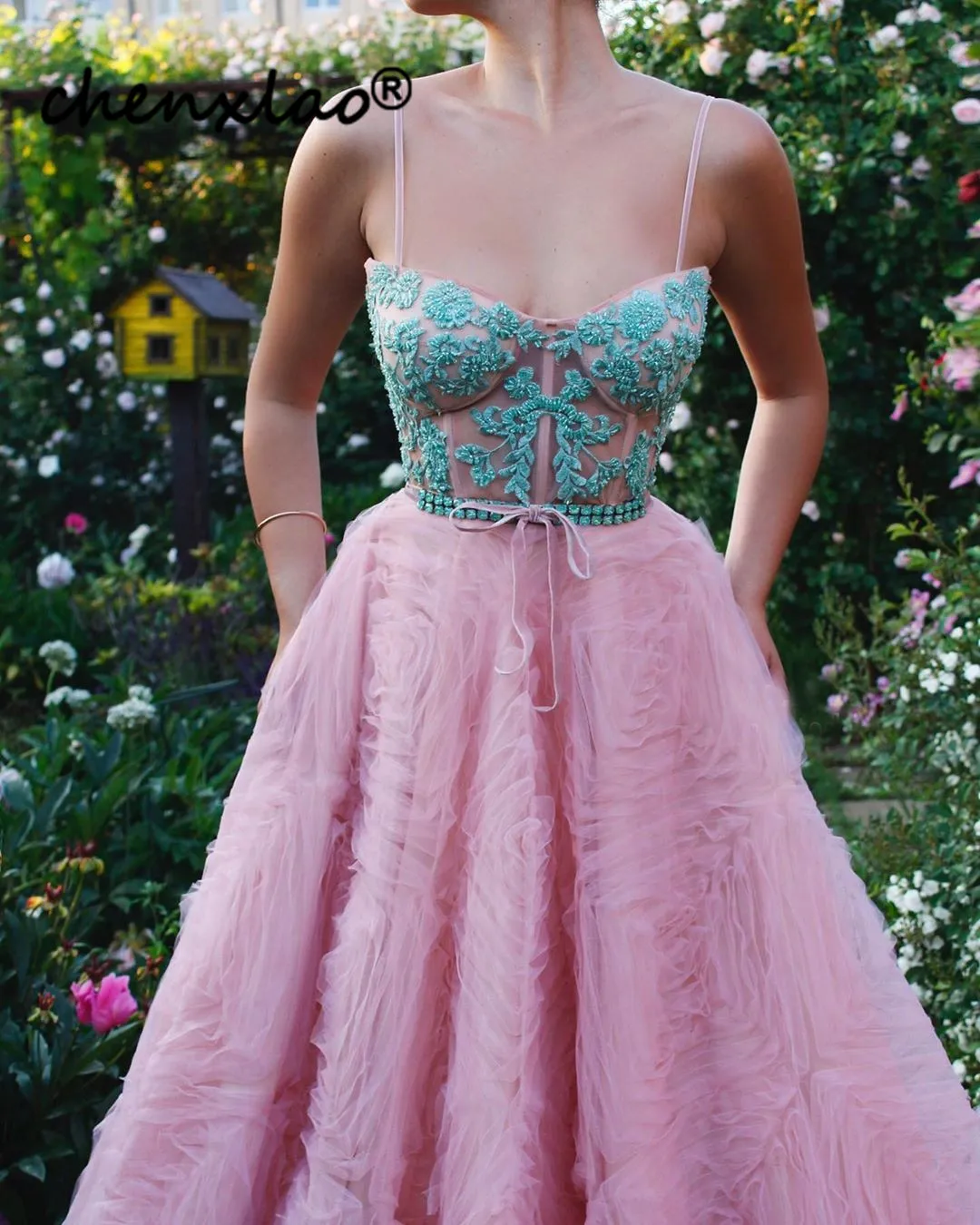 US $111.30 Chenxiao Pink Evening Dress Long ALine Spaghetti Strap Sweetheart Hand Beading Floor Length Evening Dresses Formal Vestidos