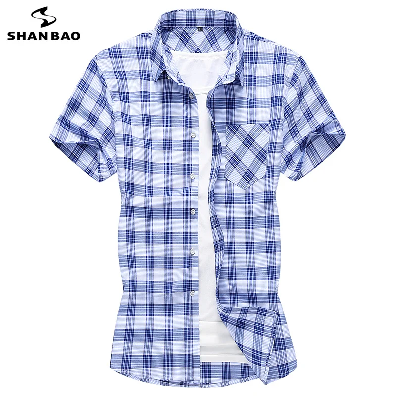 

SHANBAO brand cotton plaid business casual short-sleeved shirt 2019 summer fashion oversized size men's shirt 5XL 6XL 7XL