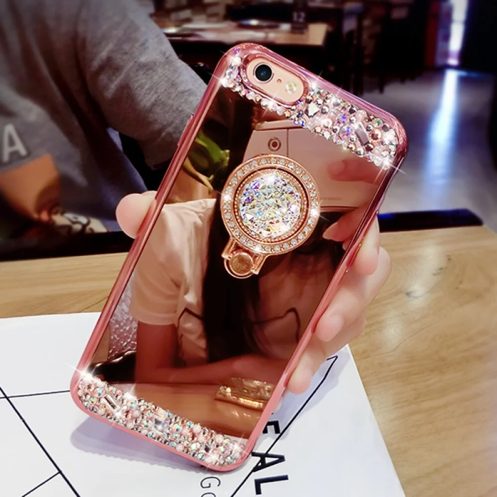Fashion Diamond Soft TPU Crystal Rhinestone Glitter Mirror Phone Case For Samsung S8 S9 S8 Plus S9 Plus with Ring Holder Stand