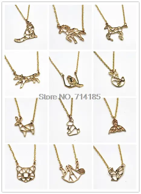 Animal Charm Necklace Gold Tone Origami Elephant Fox Unicorn Rabbit Horse Sloth Corgi Fish Hummingbird Deer Pendant