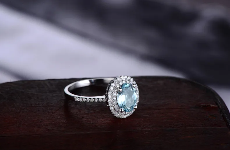 1.02ct Natural Blue Aquamarine 14k White Gold Natural Diamond Engagement Ring Jewelry