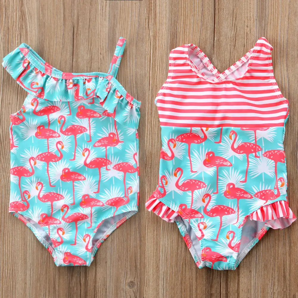 От 3 до 7 лет; Детские купальники; коллекция года; одежда для купания для маленьких девочек с оборками; милое животное Фламинго; боди с принтом; купальный костюм для девочек