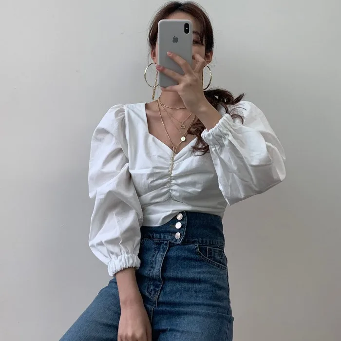 

Pleats Up Square Neck Blouse Short Princess Petite Puff Sleeve Top Women Shirt Chemise Femme Chemisier Blusa Mujer Camisa