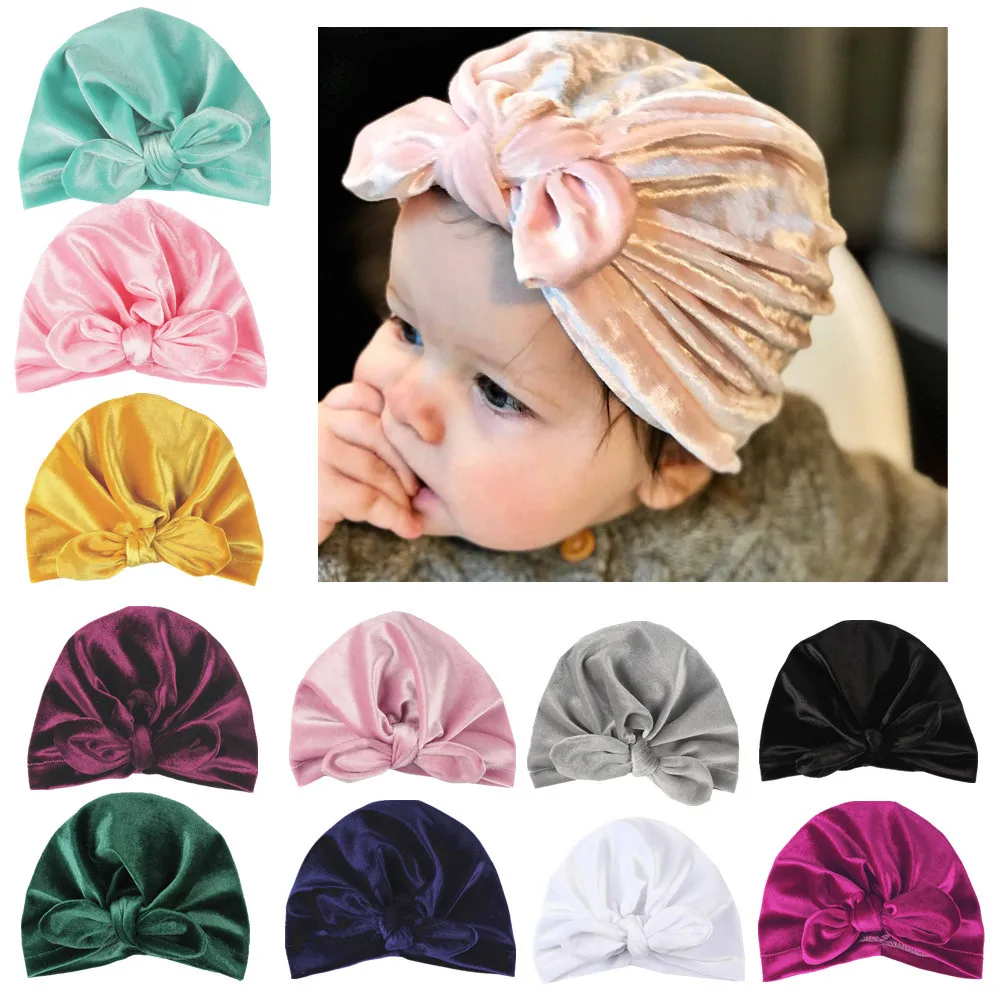 18Multicolor Baby Accessories Girls for Winter Solid Color Cute Rabbit Ears Knotted Gold Velvet Indian Hat Kids Warm Hedging | Детская
