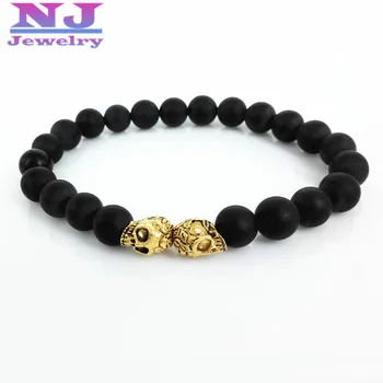 

2016 New Arrive Men Bracelets & Bangles 8mm Natural Black Matte Stone Beads 24K Gold color Double Skull Head Bracelet Men Gift