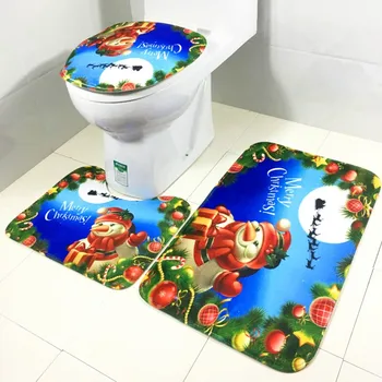 

3 pieces/Set Cartoon Christmas Santa Claus Pattern Anti-silp Bath Mat Flannel Contour Rug Lid Toilet Cover Carpet Bathroom Set