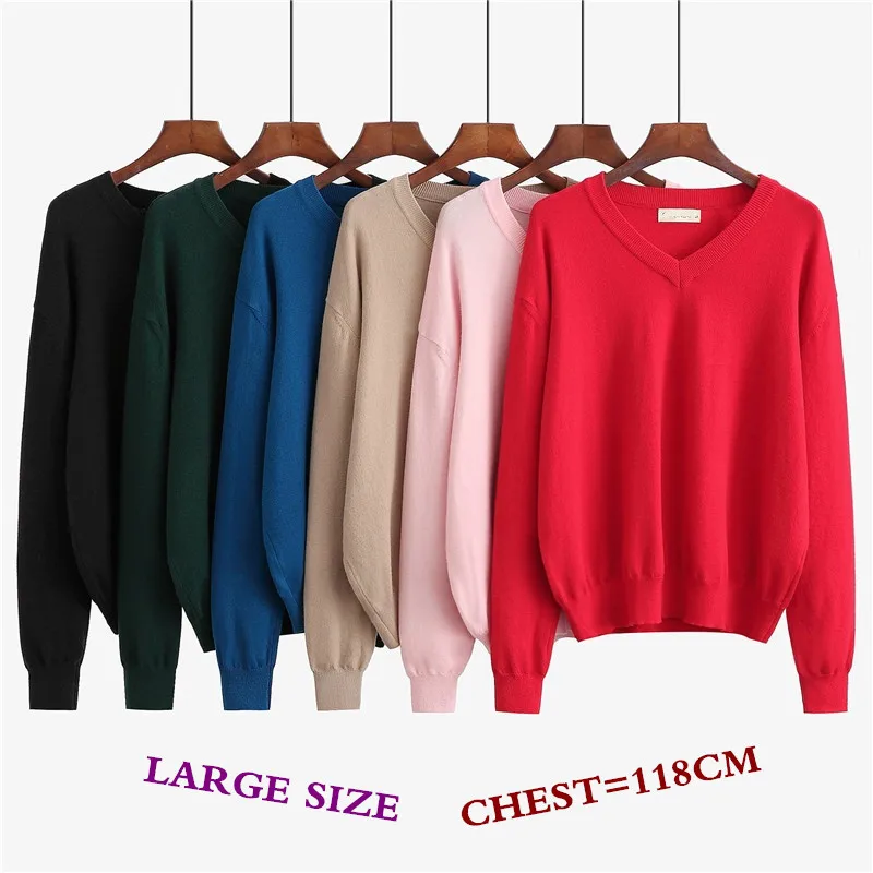 

Large size Sweaters Womens 2018 Spring Autumn Thin Knit Pullovers Long sleeve V-neck Loose Female Short Bottoming Sweaters 2227