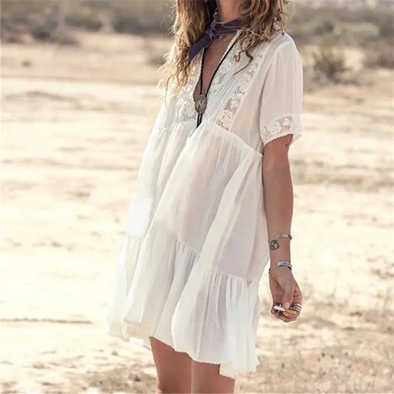 

2019 New Sexy Plunging Neck Summer Beach Dress Women Beachwear White Cotton Tunic Plus Size Short Sleeve A Line Mini Dress N756