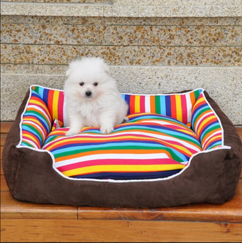 Rainbow Stripe Dog Kennel House Warm Small Medium Dogs Bed Mat Soft