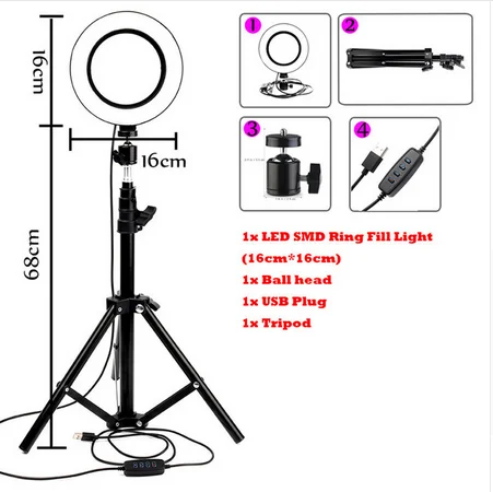 Karrong 6-дюймовый светодиодный кольцевой светильник с растягивающейся штатив-Трипод для селфи палка с регулируемой яркостью настольная лампа круговой светильник для селфи для макияжа Youtube - Цвет: 68CM