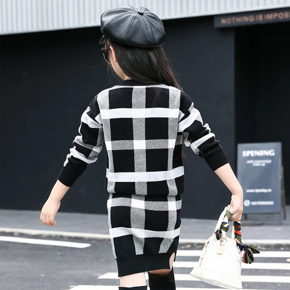 Aixinghao/комплекты одежды для девочек Весенняя детская трикотажная одежда в клетку