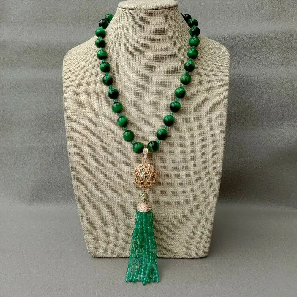 

21" Green Tiger Eye Green Stone Necklace CZ Pendant
