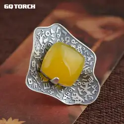 GQTORCH 925 пробы Silvr преувеличенно большие кольца для Для женщин природных драгоценных камней желтый халцедон инкрустированные 990 тайский