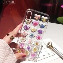 HDFLYXHJ Handmade 3D Clear Love Heart TPU Soft Case For iPhone X XR XS Max Dried Real Flowers Phone Cover For iPhone 6S 7 8 Plus