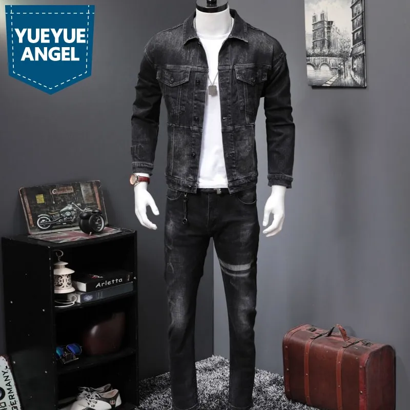 

Classic Black Denim Sets Men High Quality Slim Jacket Coats And Straight Jeans Two Piece Sets 2019 New Autumn Fashion Streetwear