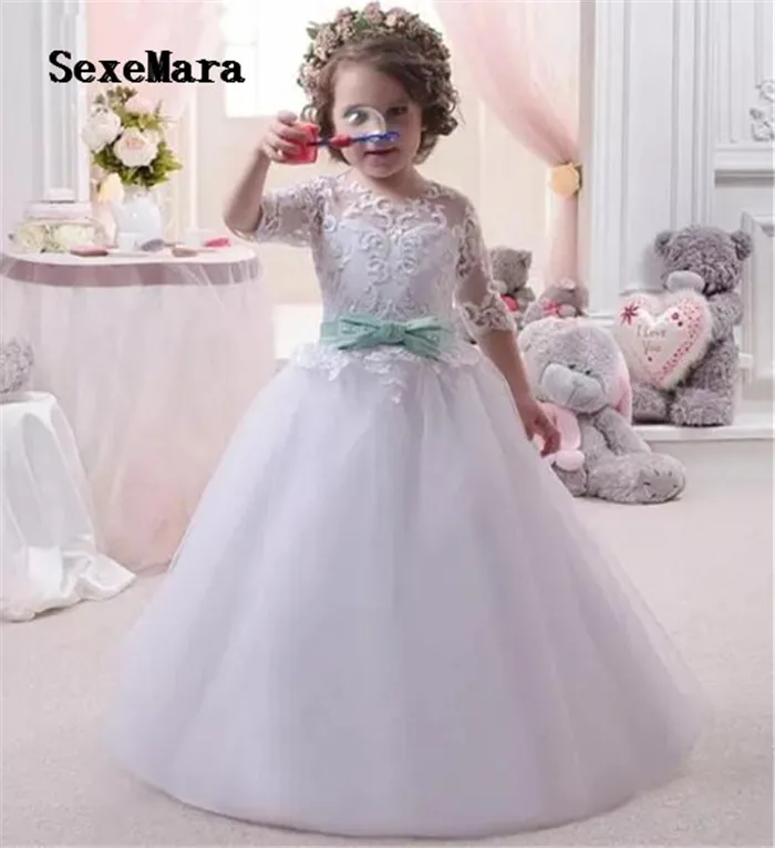 

White Ivory 2019 Princess Flower Girl Dress Lace Appliques Wedding Party Ball Gowns Birthday Communion Dress Toddler Girls Dress