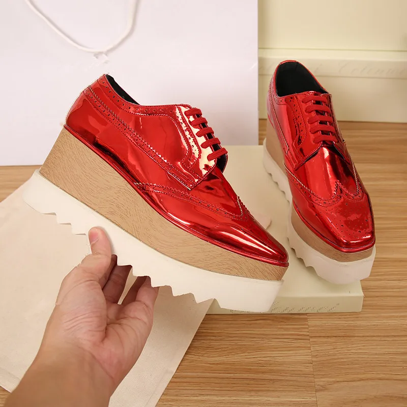 

Platform Runway Tenis Feminino Pointy Toe Dress Shoes Woman Lace Up Sparkling Leather Sneakers Out-doors Oxfords Casual Shoes 40