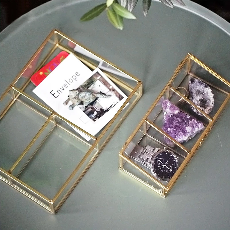 

Three Grids Golden Rim Glass Storage Box Luxury Modern Jewelry Cosmetics Storage Box Container Decor Organizer for Home