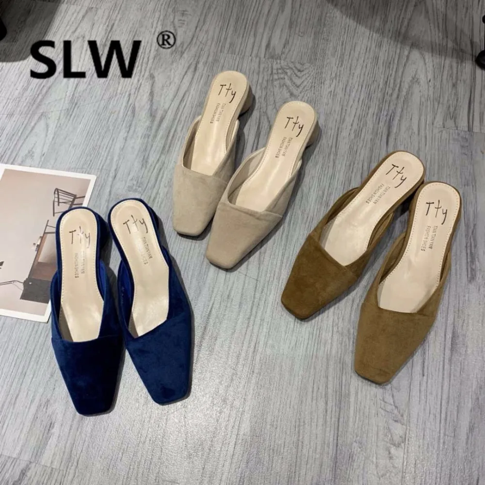 

Strange Style Rome gladiator Flock loafer women mules Low Square Toe closed toe Shallow slipper Slides woman sandals