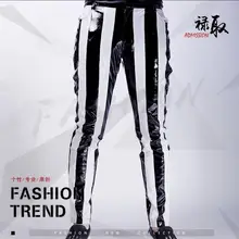 28-38 Для мужчин модные DJ брюки Черный и белый цвета в полоску кожа Штаны крючок для ночного клуба Большие размеры брюки певица сценические костюмы