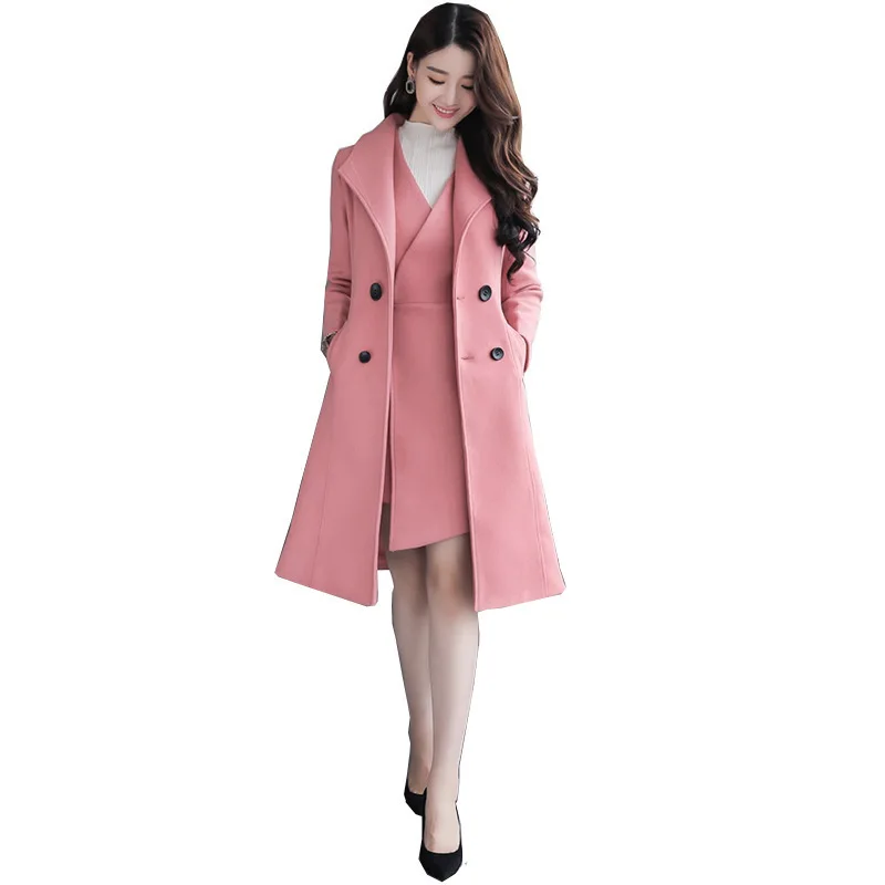 2018 New Spring Woolen Coat Trench Women Slim Double Breasted Black Winter Coats Long Outerwear for Women Coat Outside Overcoat