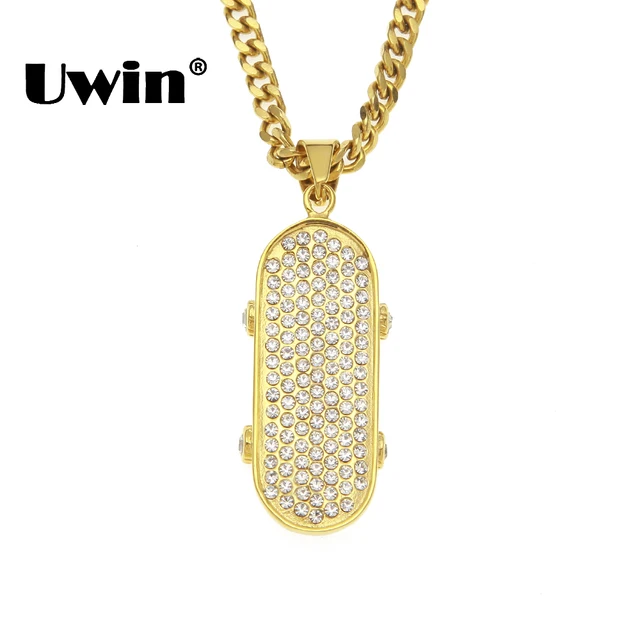 US $8.49 Uwin Gold Color Skateboard Pendants Necklaces Full Iced Out Rhinestones Stainless Steel Mens Sporty