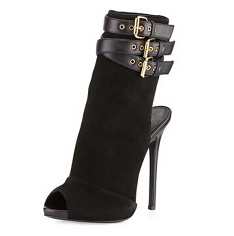 

Open Toe Women Fashion Suede Leather Buckle Design Ankle Boots Super High Back Cut-out Gladiator Short Boots Formal Dress Shoes