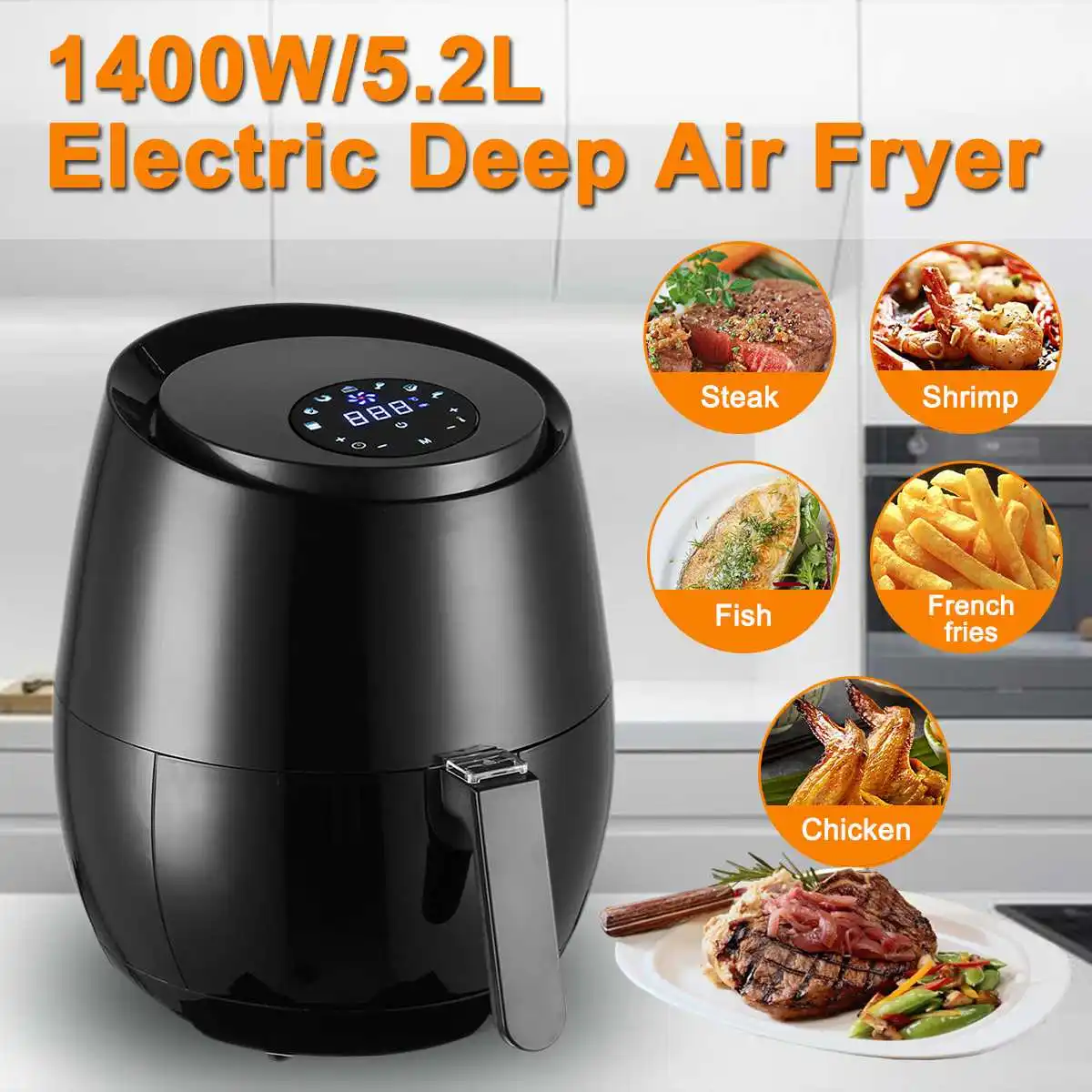 Online Freidora de aire libre de aceite de 1400W 5.2L, freidora de salud, cocina táctil inteligente LCD, freidora de Pizza, freidora inteligente multifunción para patatas fritas