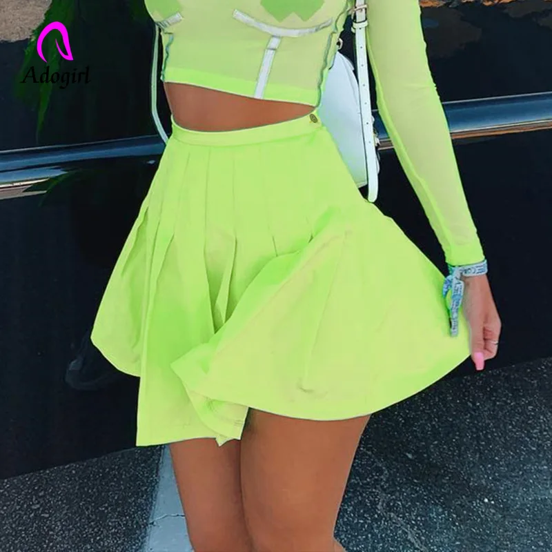 

Women Green High Waist A-Line Skirt Solid Sweet Pleated Skirt Elastic Waist Fitness Skirt Harajuku 2019 Sexy Mini Skirt Feminina