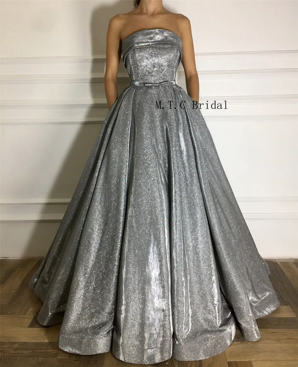 

Graceful Sliver Sequins Strapless Evening Dress Sleeveless A Line Long Special Occasion Dresses Custom Made Women Prom Gowns