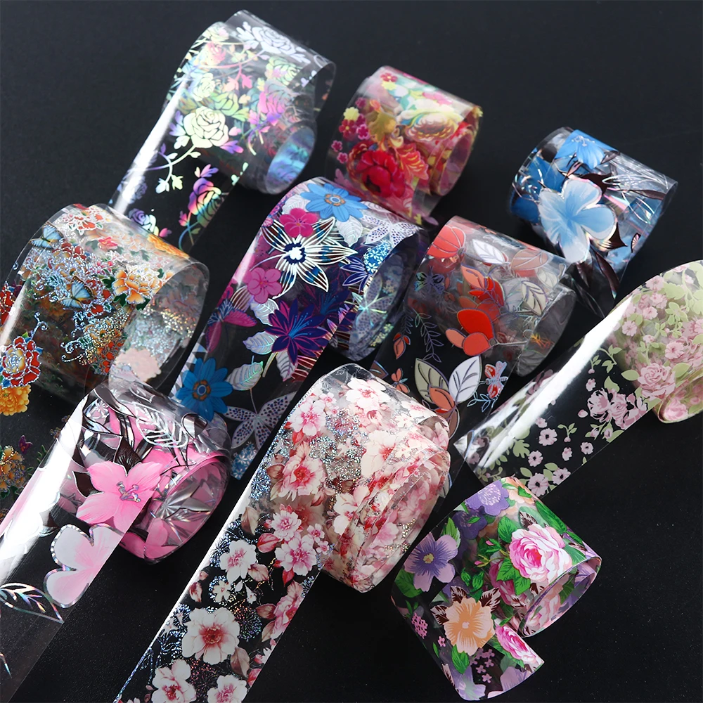10 рулонов голографическая Цветочная наклейка из фольги для ногтей цветущие цветы Дизайн Обертывания переводная наклейка для маникюра прозрачный слайдер TR1025