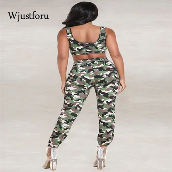 

Wjustforu Classic Camouflage Two Piece Outfits Women Sexy Exposed Navel Two Pece Set Summer Bodycon Two Piece Outfits Female
