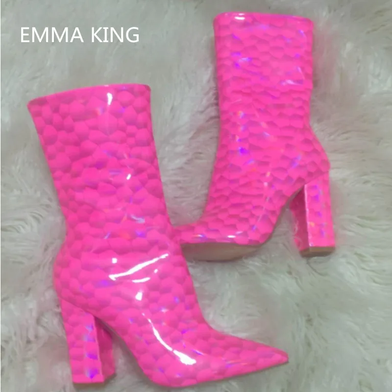 

EMMA KING Fashion Botas Invierno Mujer Square High Heels Women Boots Pointed Toe Short Booties Model Catwalk Party Ladies Shoes