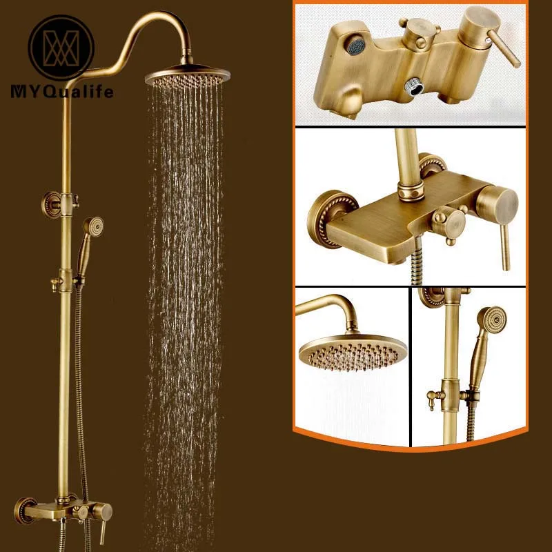 Buy Antique Brass Style Shower Faucet Set Single Handle Wall Mount 8" Rainfal