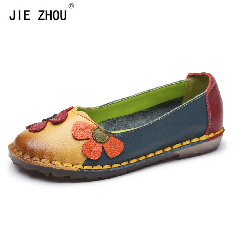 

Vintage Genuine Leather Women Flats Casual Shoes Woman Fashion Flower Design Soft Bottom Round Toe Mixed Color Flat Shoes