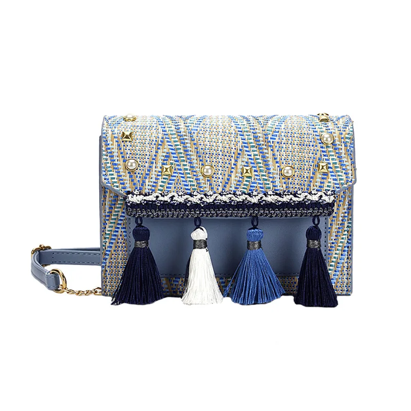 Women Fashion Pearl Straw Bags Bohemian Female Summer Tassel Handbag Lady Travel Knit Shoulder Bag Beach Chains Crossbody SS3282 (2)