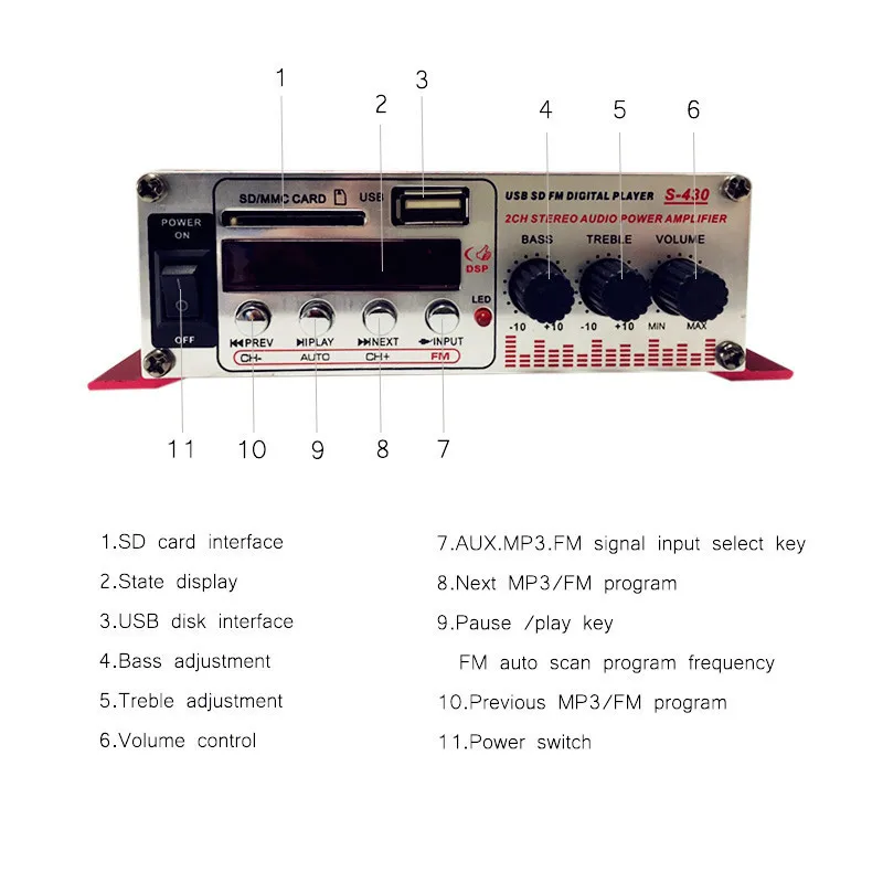 Vancord High Quality 2CH Hi-Fi Super Bass Output Power Stereo Amplifier with Remote Controller USBSD Card Player FM Radio S-430 (9)