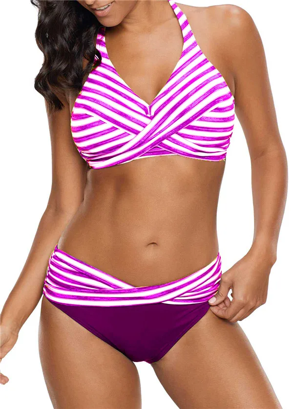 Неоновый полосатый купальный костюм с лямкой на шее для женщин, летний сексуальный большой комплект бикини, большой купальник для девушек, большой пляжный костюм размера плюс XL-5XL - Цвет: 6