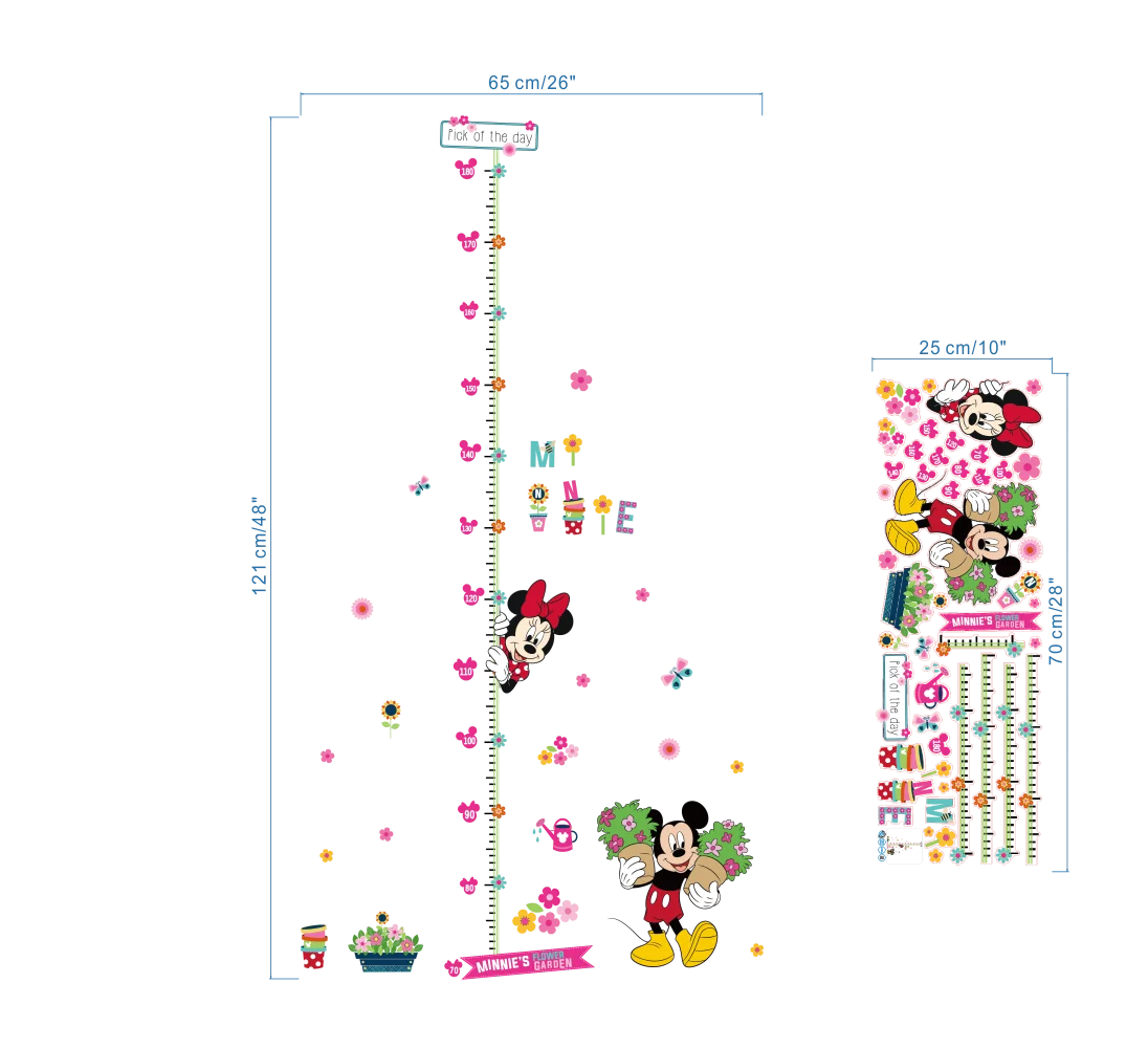 65cm kldfig minnie mickey diagramma di crescita adesivi murali per camera dei bambini cartone animato fiore altezza misura grafico murale art decalcomanie regalo per bambini toy-121 
