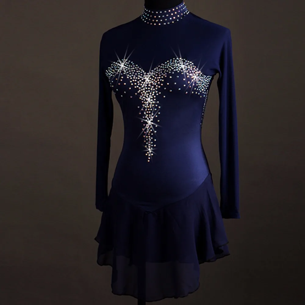 Фигурное катание платье Для женщин/Girls'Ice катание платье Темно-синие со стразами/блесток высокая эластичность