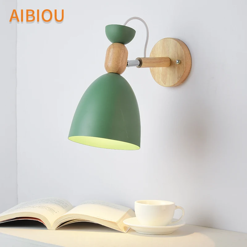 

AIBIOU Nordic LED Wall Lights Green Wall Sconce For Foyer E27 Wood Wall Lamp with White Lampshade Gray Matel Reading Light